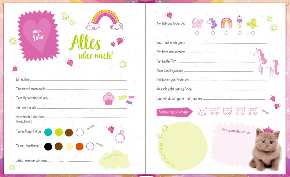 Bunte Innenseite eines Freundebuchs mit Lücken zum Ausfüllen, Regenbögen, Einhorn, Katze und lustigen dekorativen Symbolen.