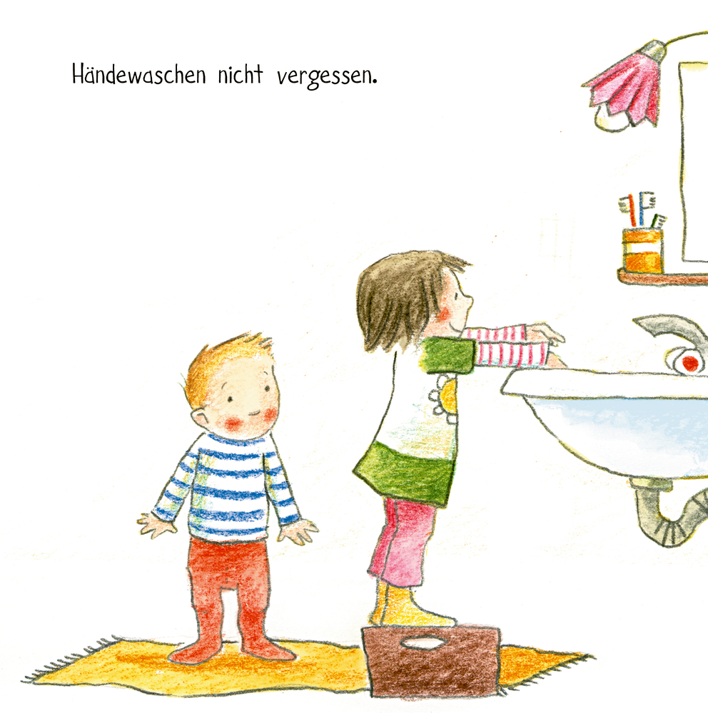 Doppelseite mit Text auf der sich zwei Kinder ihre Hände an einem Waschbecken waschen und dafür benutzen sie einen Hocker.