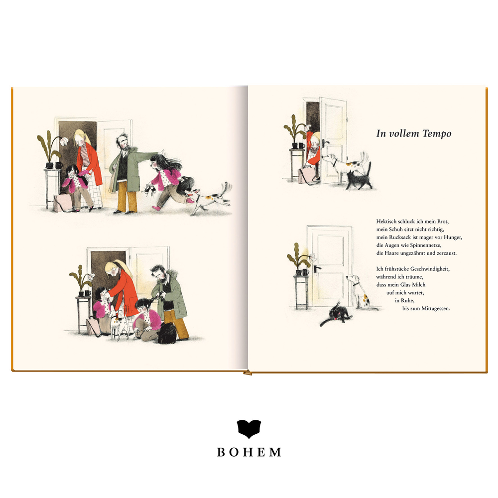 Buchdoppelseite mit verschiedenen Szenen einer Familie mit Hund. Dazu Text.