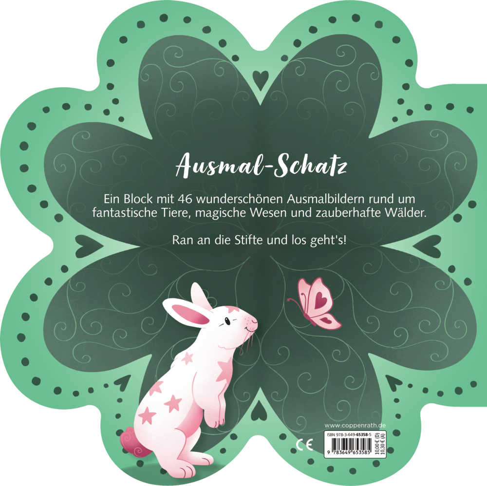 Rückseite eines grüner, kleeblattförmigen Ausmalblocks mit weiß-rosa Kaninchen und rosa Schmetterling.