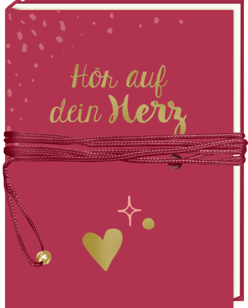 Pinkfarbenes Tagebuch mit goldenem „Hör auf dein Herz“-Schriftzug, Herz- und Sterngrafiken sowie einer umwickelten roten Kordel.