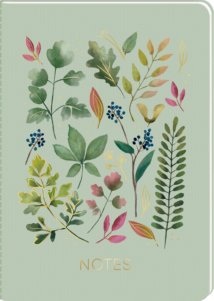 Notizbuch mit hellgrünem Einband und buntem Blatt- und Beerenmuster, goldener Schriftzug „NOTES“ unten.