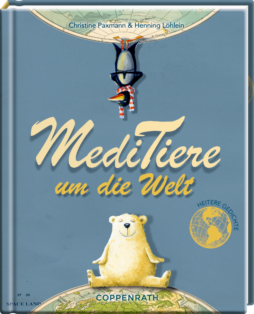 Blaues Buchcover mit meditierendem EisbÃ¤ren und kopfstehendem Pinguin.