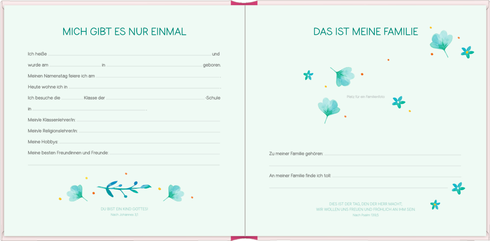 Zwei Buchinnenseiten mit floralen Verzierungen und vorgedruckten Lückentext-Fragen.