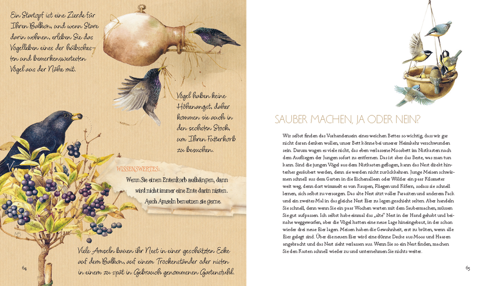 Bildseite: Vögel auf Zweigen; Text über Vögel und Vogelhäuschen.