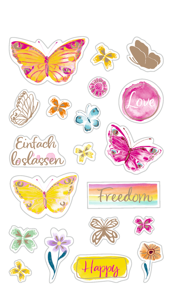 Bunte Schmetterlings-, Blumen- und Zitat-Sticker mit den Wörtern Love, Einfach loslassen, Freedom und Happy.