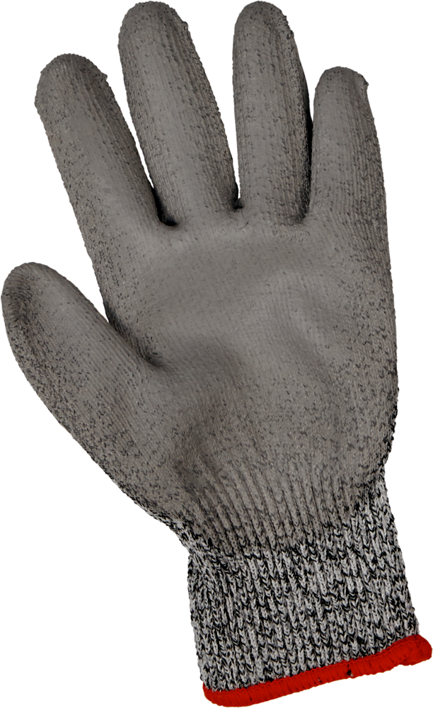 Grauer strukturierter Arbeitshandschuh mit rotem Handgelenksbesatz, abgebildet mit der Handfläche nach oben.