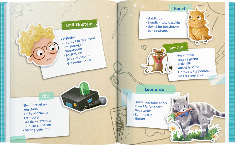 Illustration mit Figuren: blondgelockter Junge, Eule, Maus, Kater mit Karotte und schwarze Maschine mit grünem Licht.