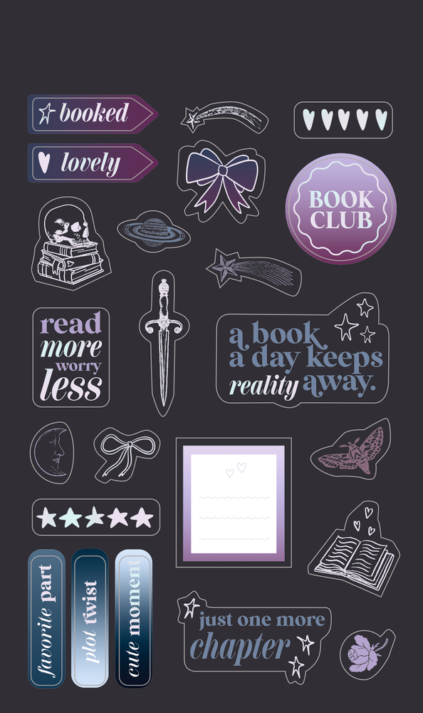 Stickerbogen mit Buchmotiven, Schriftzügen, Sternen, Schleifen, Herzen, Mond, Planet, Dolch, Motte, Rose und offenem Buch in Lila- und Blautönen.