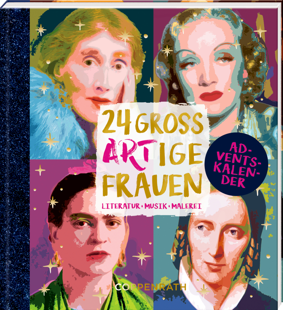 Buchcover mit illustrierten Porträts von vier Frauen; fetter, farbenfroher Titel: „24 großartige Frauen.