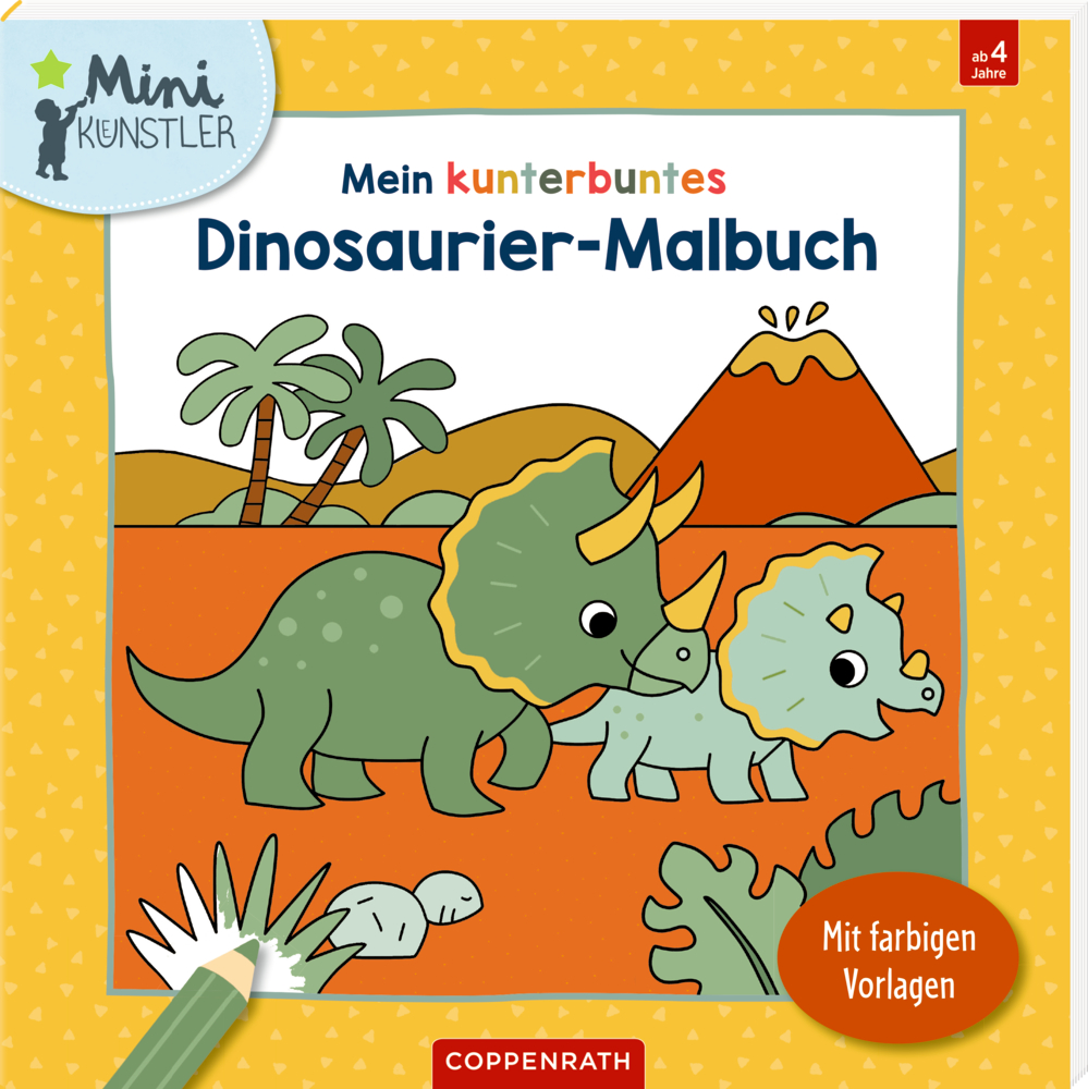 Cartoon-Dinosaurier in einer prähistorischen Landschaft auf dem Cover eines Dinosaurier-Malbuchs für Kinder.