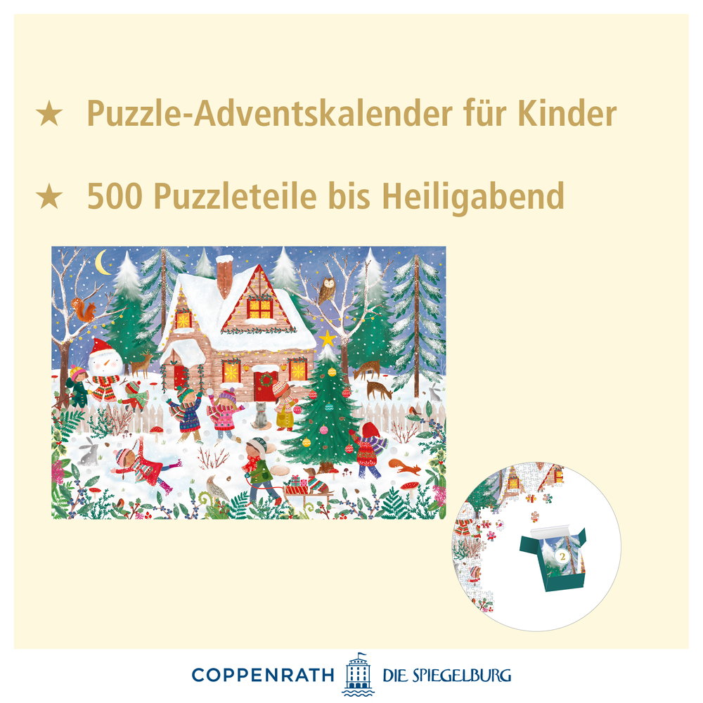 Festliche Winterlandschaft: Wichtel und Tiere spielen vor einem verschneiten Haus. Mit Beschreibungstext.