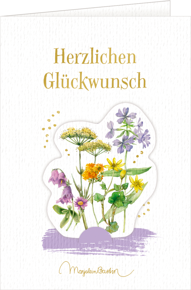 GruÃŸkarte mit der goldenen Aufschrift â€žHerzlichen GlÃ¼ckwunschâ€œ und Aquarell-Wildblumen auf weiÃŸem Hintergrund.