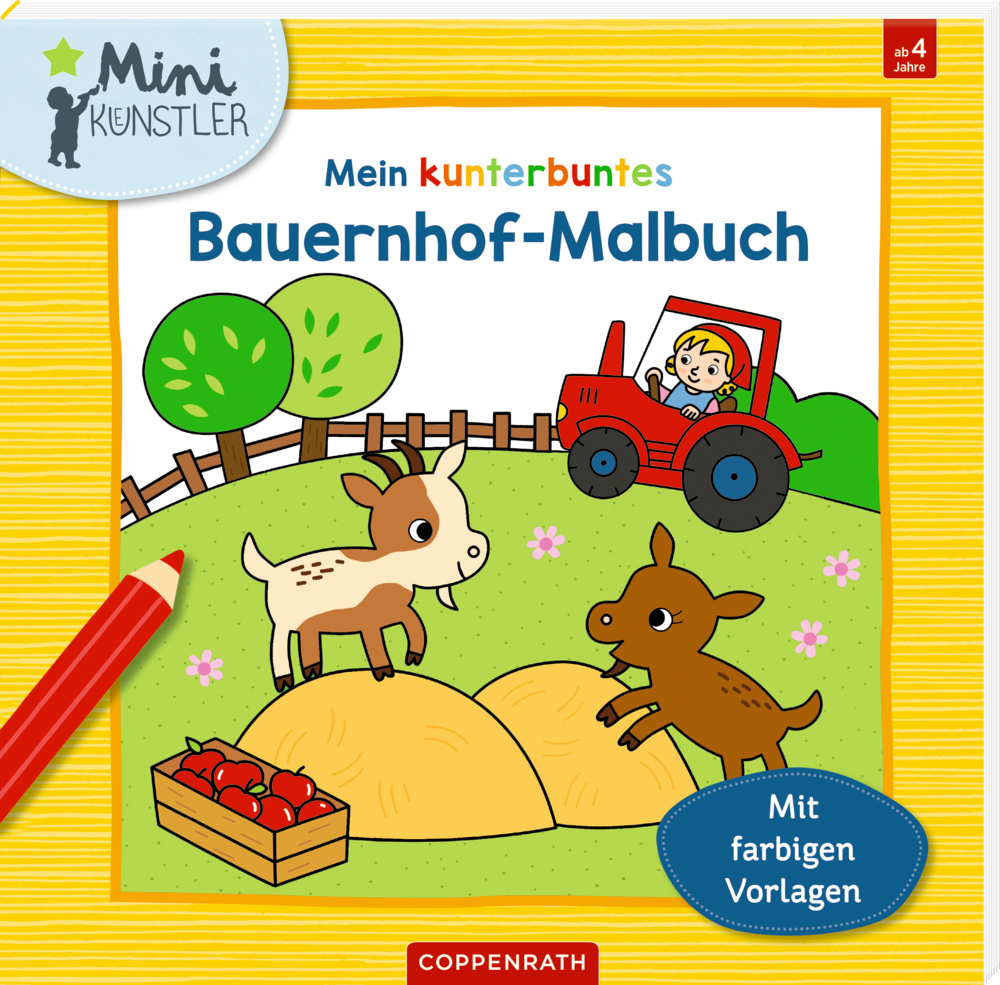 Cover eines Malbuchs für Kinder mit einem Bauernhof, auf dem Ziegen, ein Traktor und eine Kiste Äpfel abgebildet sind.