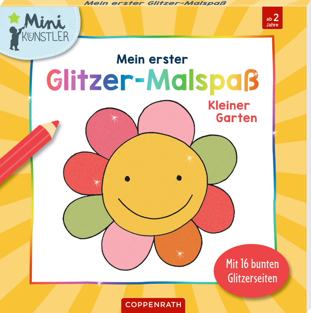 Farbenfrohes Kinder-Malbuchcover mit lachender Blume und der Titel „Mein erster Glitzer-Malspaß“ in verspielter Schrift.