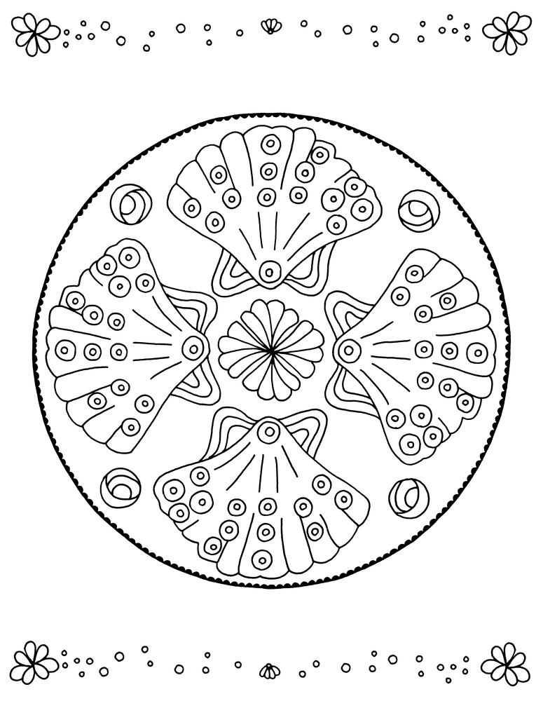 Mandala mit Muscheln, Blumen und gepunkteten Rändern in Schwarz-Weiß.