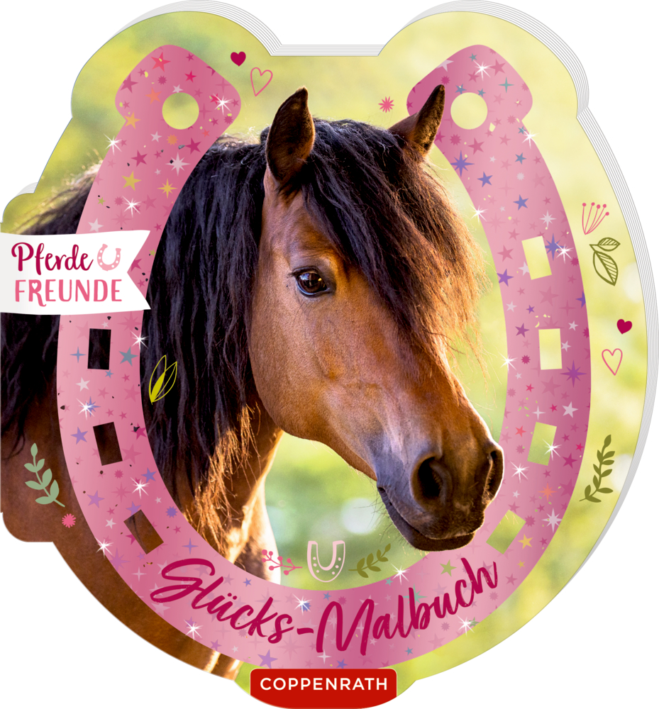Braunes Pferd mit dunkler Mähne in einem rosa Hufeisen auf dem Cover eines Glücks-Malbuchs.