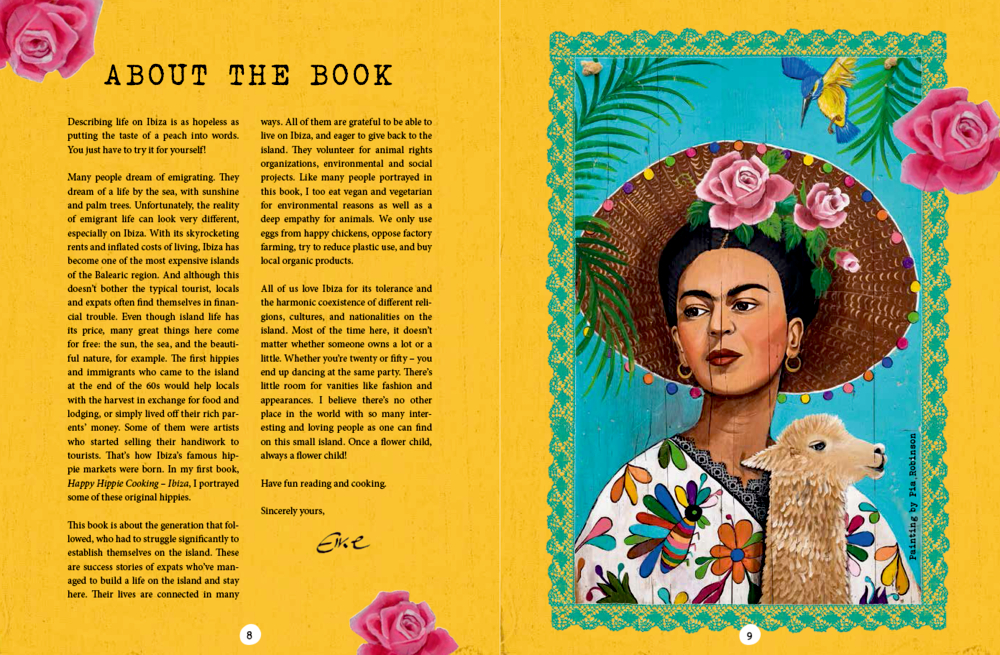 Zwei gelbe Seiten: links der Text „Über das Buch“, rechts Frida Kahlo mit einem Lama und Blumen.