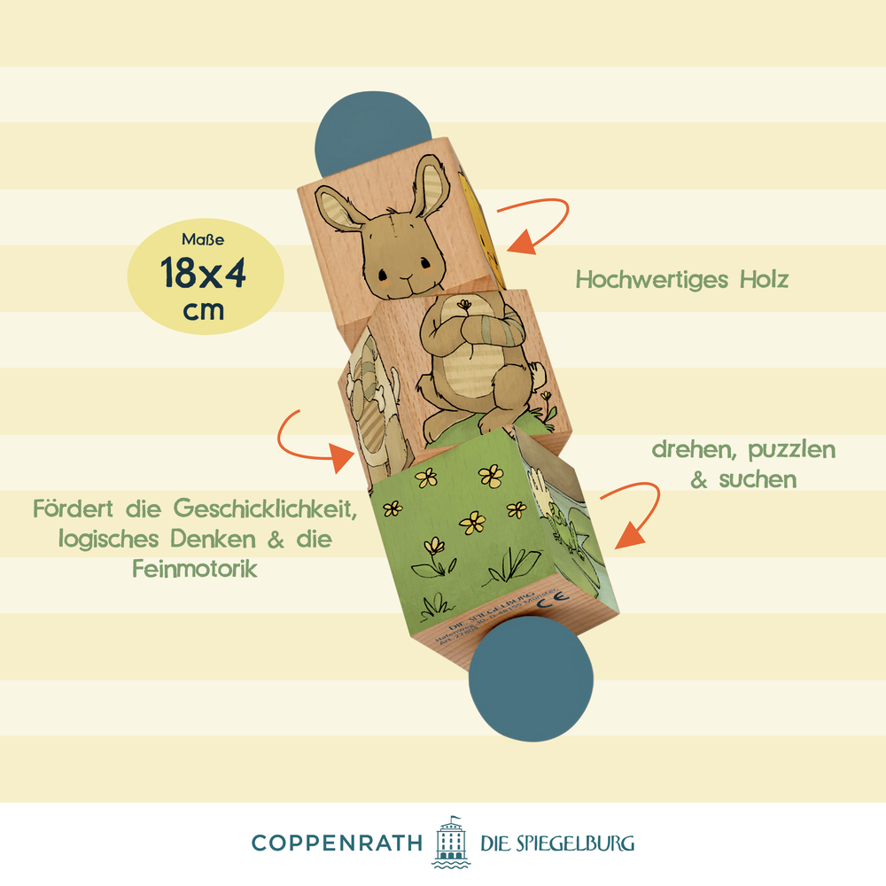 Drei Holzklötze mit Tier- und Naturabbildungen, beschriftet mit Beschreibungen ihrer Merkmale.