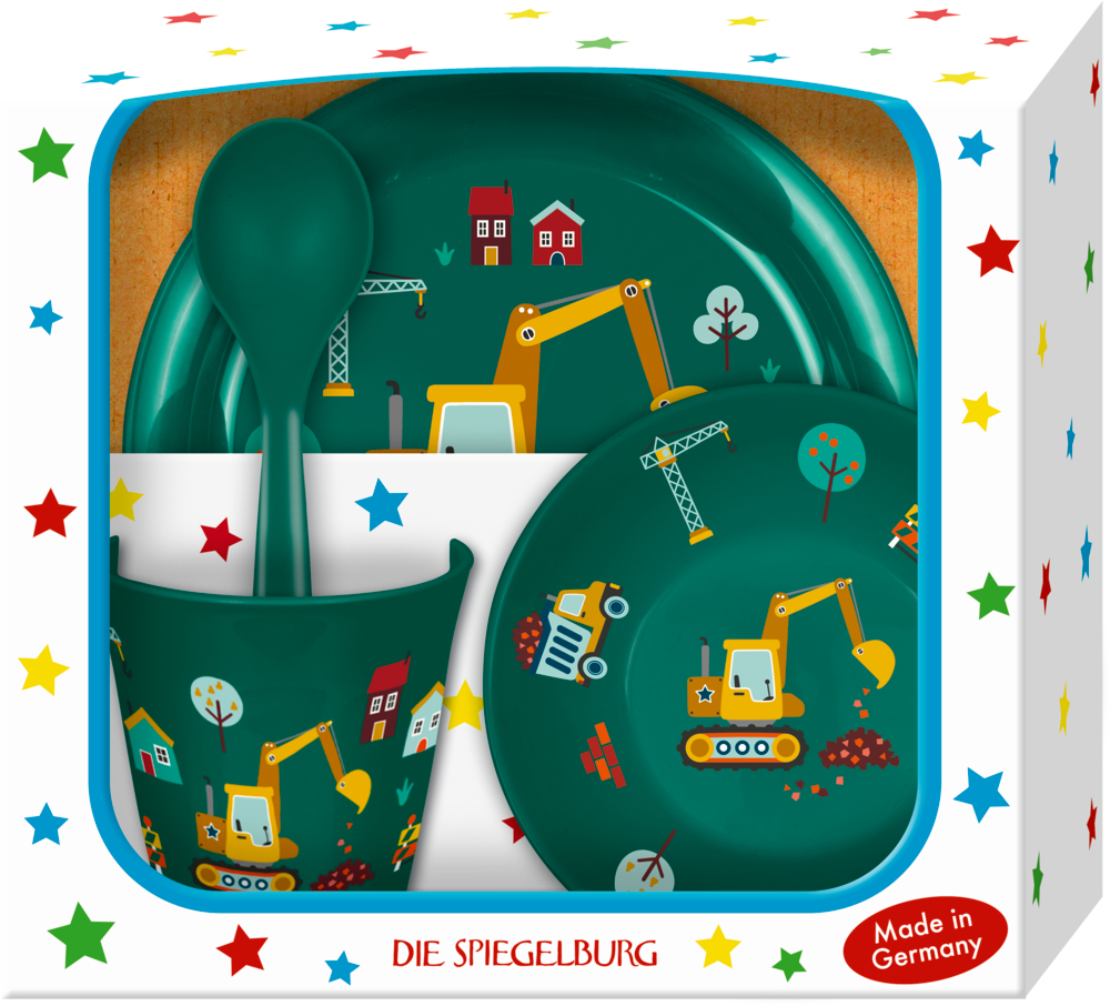 Weiße Schachtel mit bunten Sternen und großem Sichtfenster, in dem ein dunkelgrünes Kindergeschirrset mit Baggermotiven sichtbar wird.