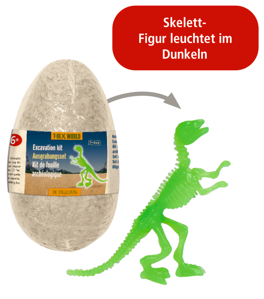 Ei-förmiges Ausgrabungsset mit Verpackung und grün leuchtender Dinosaurier-Skelettfigur daneben. Hinweistext „Skelett-Figur leuchtet im Dunkeln“.