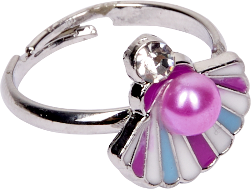 Silberring mit buntem Muschelmotiv, rosa Perle und weißem Kristall.