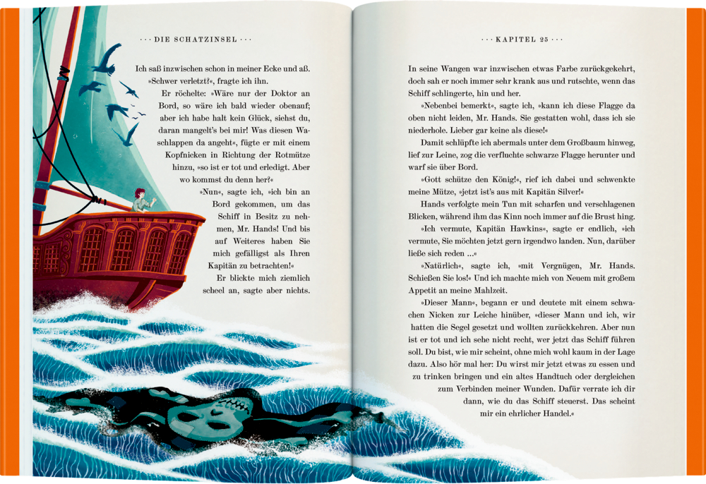 Offenes Buch mit Text und Illustration eines Segelschiffs mit Totenkopf-Flagge im Wasser.