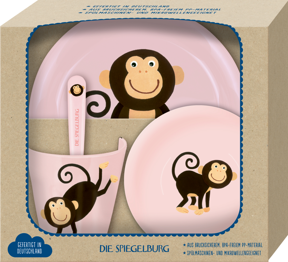 Rosa Kindergeschirrset mit Cartoon-Affen: Teller, Schüssel, Becher und Löffel. Wird im Karton geliefert.