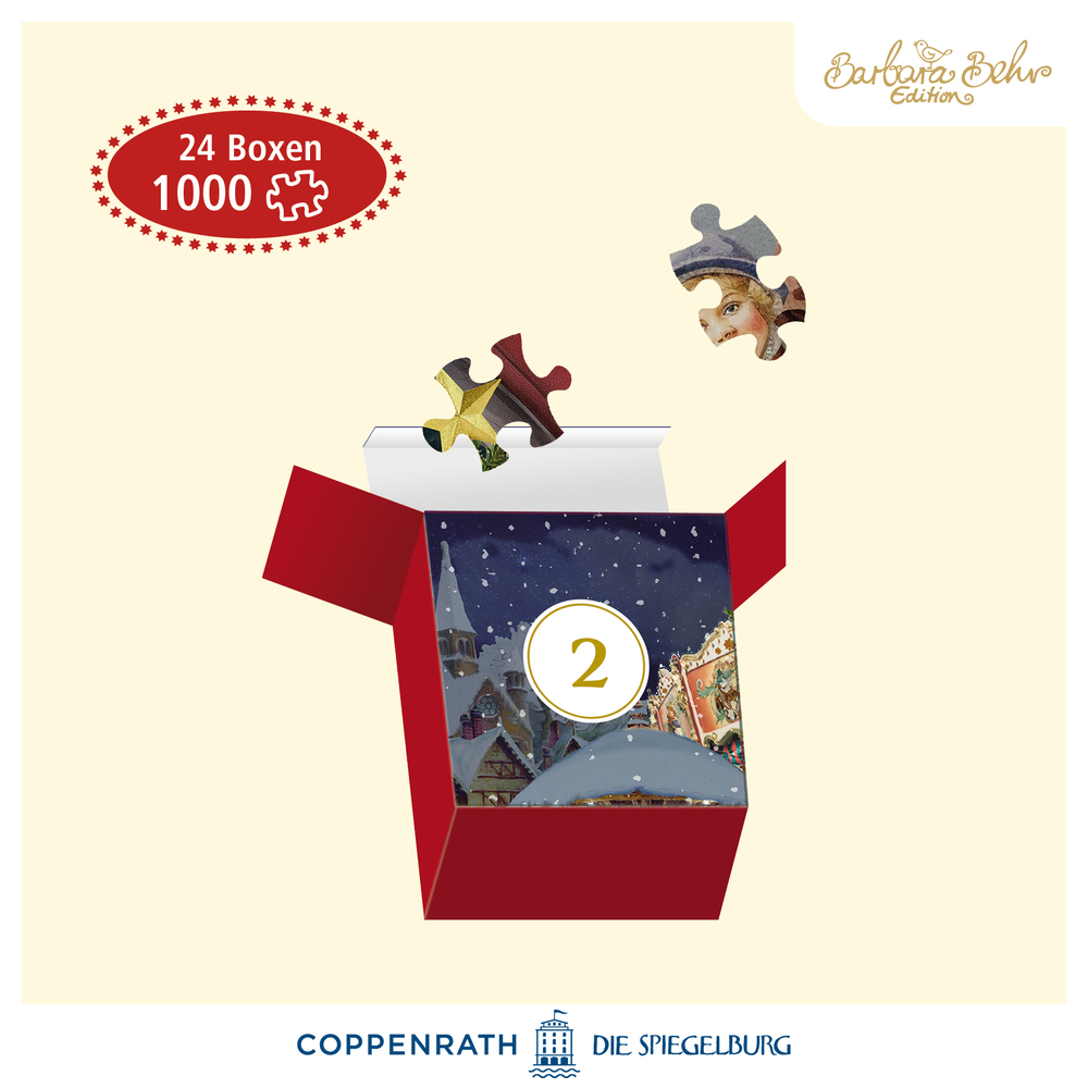Rote Box mit winterlicher Illustration und Zahl 2, aus der zwei Puzzleteile herausragen.