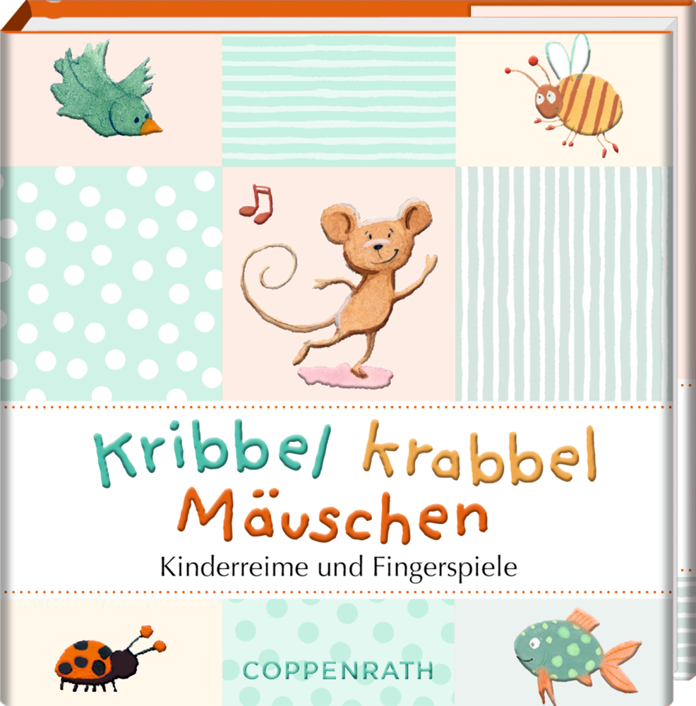 Kinderbuchcover von "Kribbel krabbel Mäuschen - Kinderreime und Fingerspiele" mit einer tanzenden Maus, Tieren auf bunten Mustern.