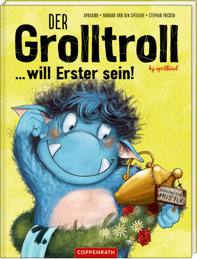 Ein blauer Troll in Siegerpose, während er eine Trophäe hält; darüber steht der Titeltext.