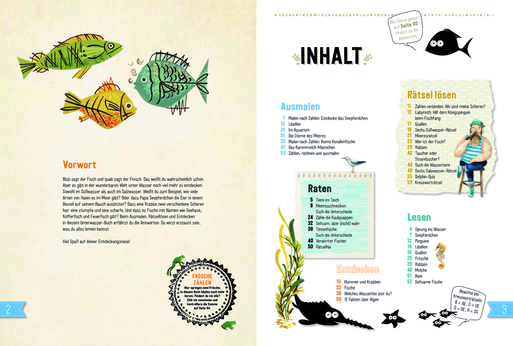 Bunte Fische und Meerestiere mit Text und Inhaltsverzeichnis auf einer Buchseite.
