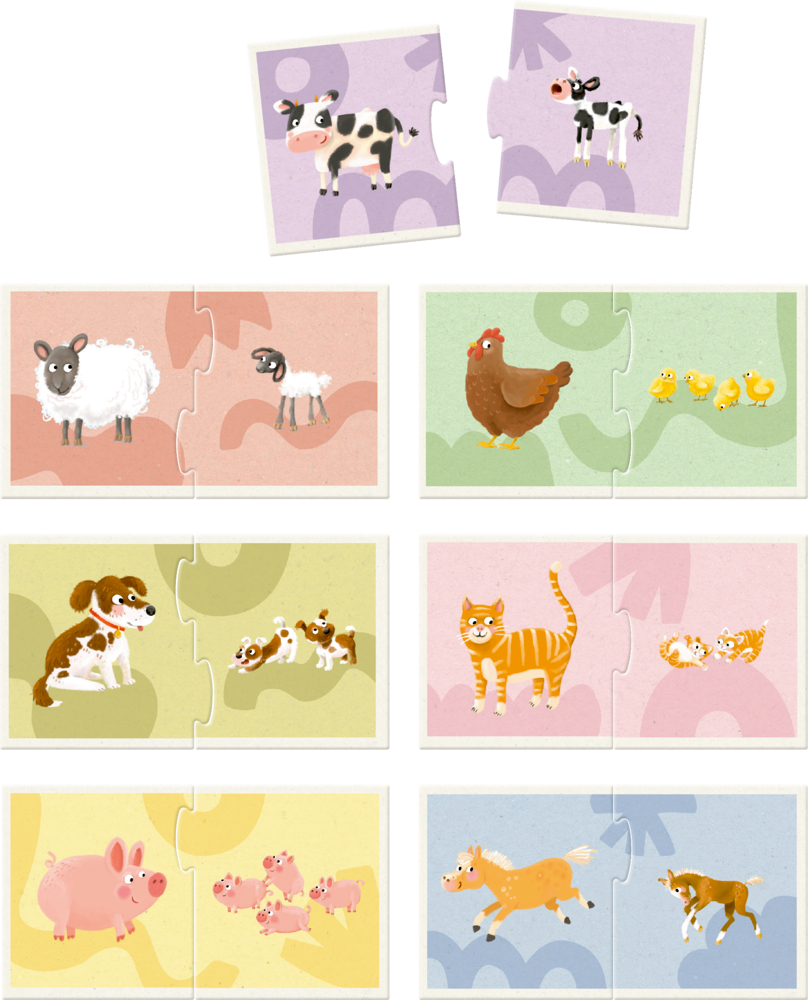 Puzzle mit Tiermotiven: Kuh, Schaf, Huhn, Hund, Katze, Schwein und Pferd jeweils mit ihren Jungtieren auf pastell-farbigen Hintergründen.