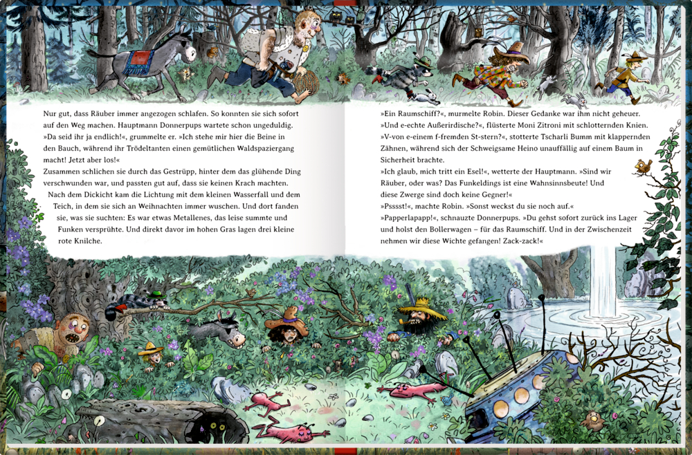 Illustrierter Wald mit Tieren und Räubern, die sich zwischen Bäumen und Büschen versteckt an ein Ufo heranschleichen.