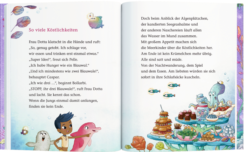 Eine Innenansicht mit  Text zeigt Tiere und ein Kind die aufgeregt einen Tisch mit bunten Leckereien am Meer beäugen.
