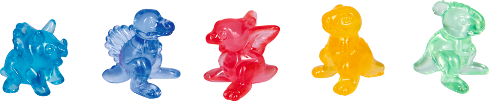Fünf transparente, verschiedene Spielfiguren nebeneinander in Dinosaurierform in Blau, Rot, Gelb, Grün und Hellblau.