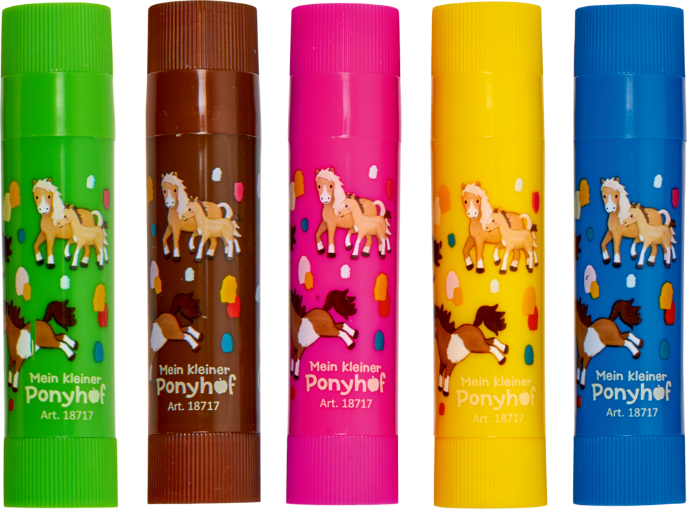Fünf bunte, dicke Stifte mit Ponymotiven und der Aufschrift „Mein kleiner Ponyhof“.