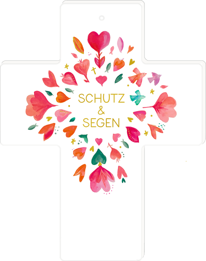 Ein weißes Kreuz mit bunten herzförmigen Blättern. In der Mitte steht Schutz & Segen in goldener Schrift.