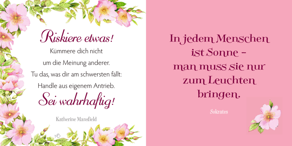 Auf der linken Seite sind  Worte mit motivierenden Blumen und rechts, ein Sokrates-Zitat , kleine Blume auf rosa Hintergrund.