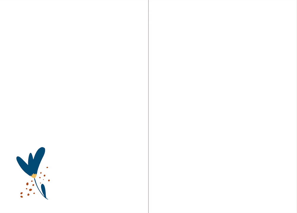 Aufgeklappte Karte: Blauer abstrakte Blume mit orangefarbenen Punkten unten links auf weißem Hintergrund, schwache vertikale Linie sichtbar.