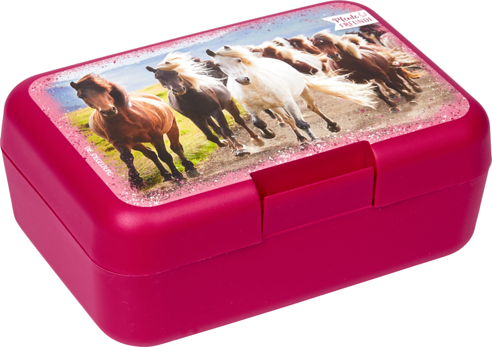 Dunkelrote Brotbox mit einem Bild von rennenden Pferden auf dem Deckel.