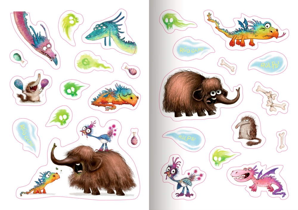 Innenseite des Stickerhefts: Cartoon-Illustrationen prähistorischer Tiere, Vögel, Knochen und Kleckse mit rosa Aufkleberumrissen auf weißem Hintergrund.