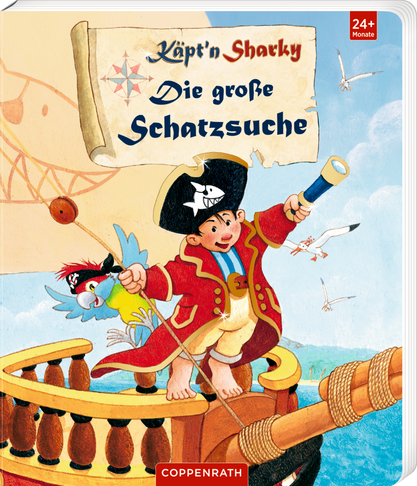 Auf dem Cover von "Käpt'n Sharky - Die große Schatzsuche" ist ein fröhlicher Kinderpirat mit Papagei abgebildet, er steht auf einem Schiff und hält ein Teleskop und eine Schatzkarte in der Hand.