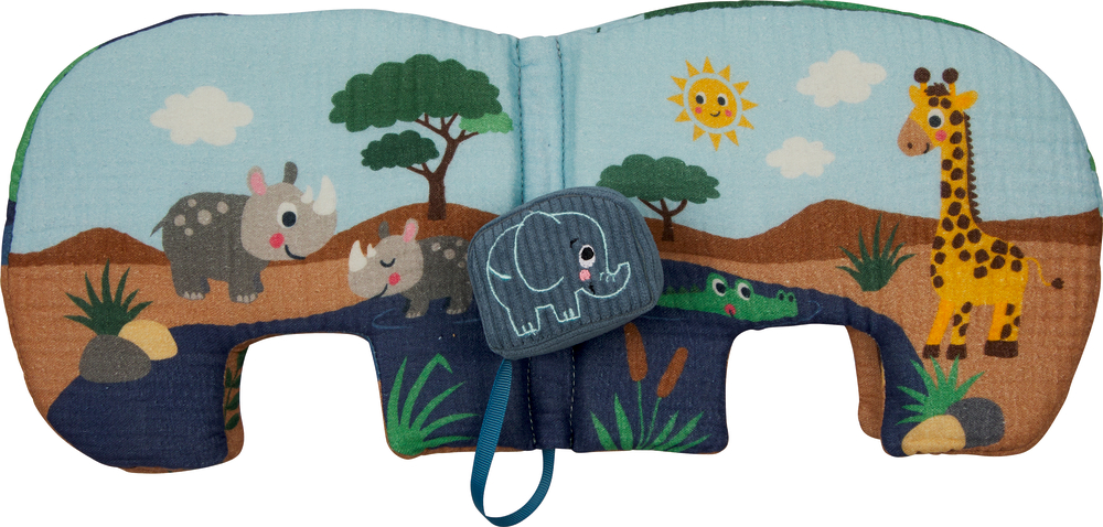 Buntes Baby-Stoffbuch mit Nashorn, Giraffe, Krokodil, Sonne und angenähtem Elefantenspielzeug.