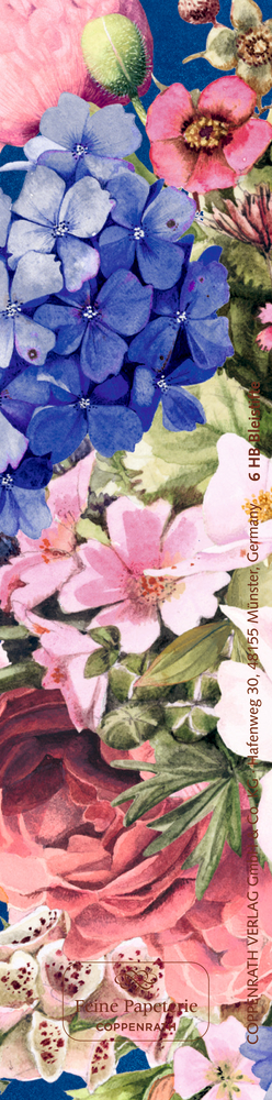 Bunte Blumenillustration mit rosa, blauen und weißen Blüten sowie grünen Blättern in dichter Anordnung.