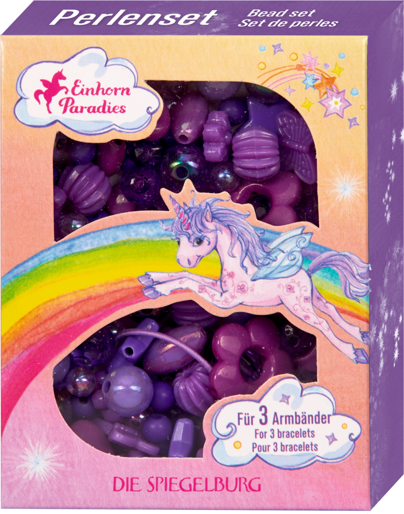 Perlenset-Box mit violetten Perlen und Regenbogen- und Einhorn-Illustration auf der Vorderseite.