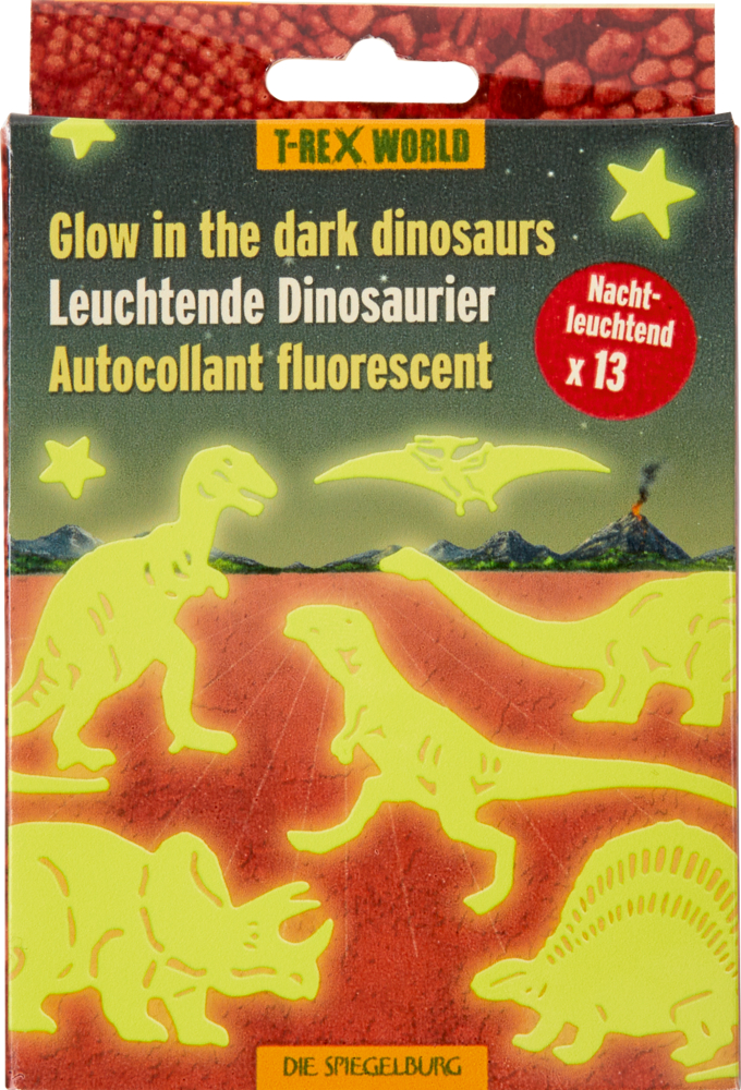 Grüne, im Dunkeln leuchtende Dinosaurier-Aufkleber auf einer rot-orangefarbener Pappkarte.