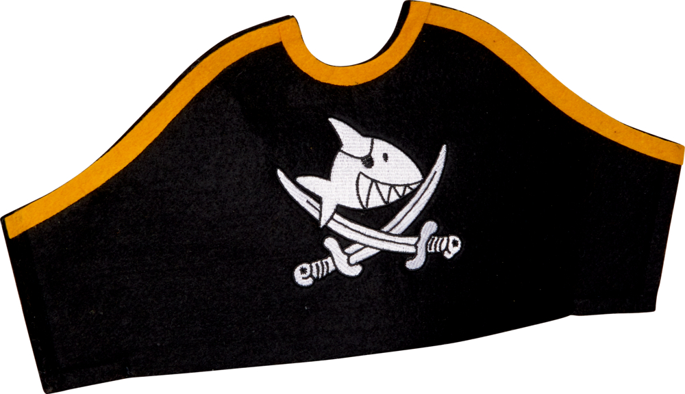 Schwarzer Piratenhut mit gelbem Besatz, einem Cartoon-Hai und einer Grafik mit gekreuzten Schwertern auf der Rückseite.