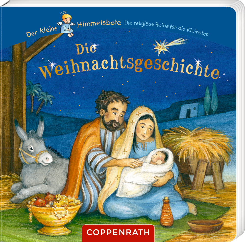 Maria und Josef mit dem Jesuskind in einer Krippe, ein Esel daneben, unter einem sternenklaren Nachthimmel.