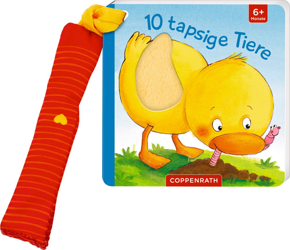 Babybuch „10 tapsige Tiere“ mit gelbem Enteneinband und roter Schlaufe, geeignet für Kinder ab 6 Monaten.